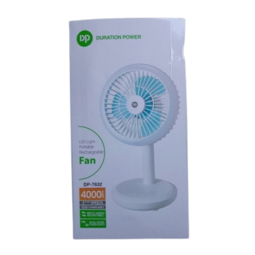 DP-7632 Portable USB Rechargeable Folding Desk Fan with 4000mAh Battery, Adjustable Speed, LED Light & Device Charging – Compact Mini Fan for Home, Travel, Office Use