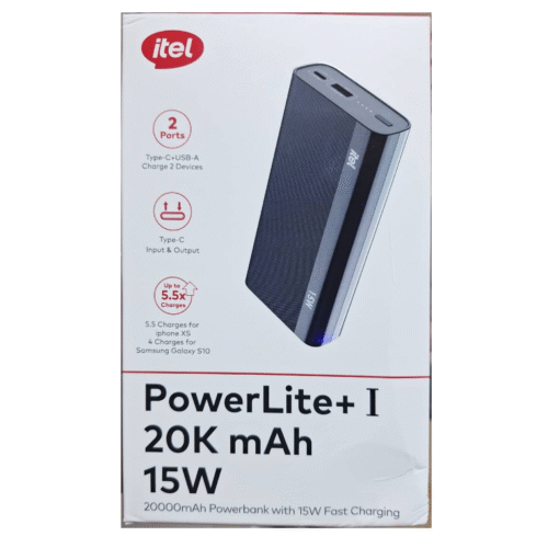 Itel PowerLite+ I 20000mAh 15W Dual-Port Fast Charging Power Bank – Type-C & USB-A, Compact Design with Safety Features
