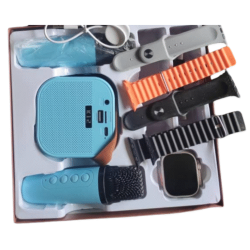 WF18 Smart Watch 4-in-1 Combo Pack – Wireless Charging Smartwatch with Wireless Earbuds, Mini Bluetooth Speaker & Interchangeable Colored Bands