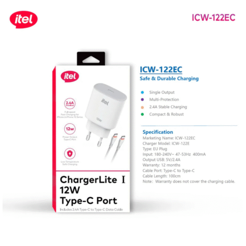 itel ChargerLite I 12W Type-C Fast Charger – 2.4A Output with Type-C to Type-C Cable, Low-Temperature Charging Technology
