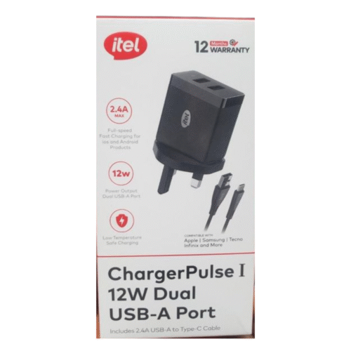 itel ChargerPulse I 12W Dual USB-A Wall Charger with 2.4A Type-C Cable – Universal Fast Charging Adapter