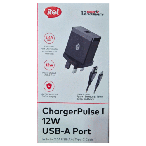 itel ChargerPulse I 12W USB Fast Wall Charger with 2.4A USB-A to Type-C Cable – Universal Phone Charger for Android & iOS Devices