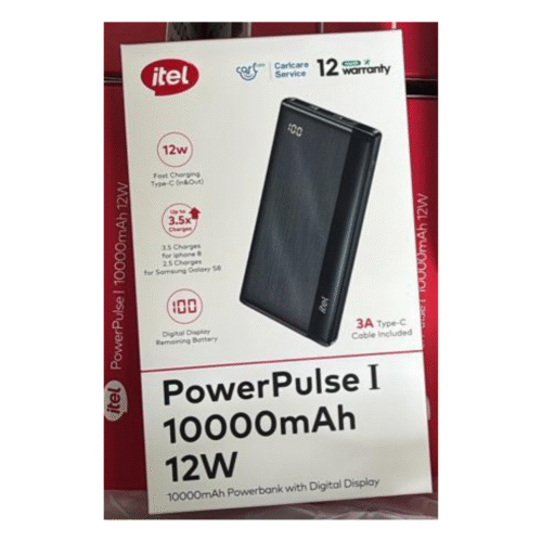 itel PowerPulse I 10000mAh Fast Charging Power Bank – 12W Output, Digital Display, Type-C InputOutput, with 3A Cable