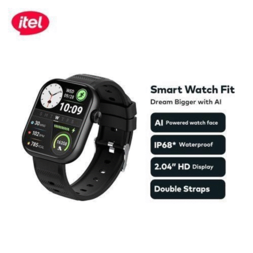 itel Smart Watch Fit O20 with 2.04 HD Screen, Bluetooth Calling, 200+ Sports Modes, IP68 Waterproof – AI Custom Faces + Extra Strap