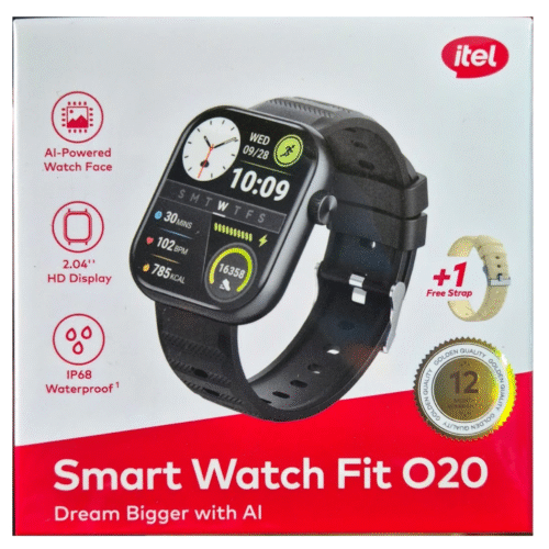 itel Smart Watch Fit O20 with 2.04 HD Screen, Bluetooth Calling, 200+ Sports Modes, IP68 Waterproof – AI Custom Faces + Extra Strap
