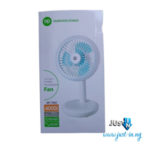 DP-7632 Portable USB Rechargeable Folding Desk Fan with 4000mAh Battery, Adjustable Speed, LED Light & Device Charging – Compact Mini Fan for Home, Travel, Office Use