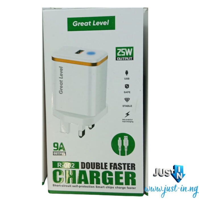 Great Level R-002 25W Dual USB Adaptive Fast Charger with Smart Protection – Compact Travel Wall Adapter