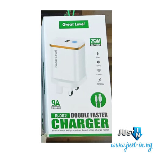 Great Level R-002 25W USB-C Double Faster Charger – 9A Adaptive Fast Charging with Detachable Micro USB Cable