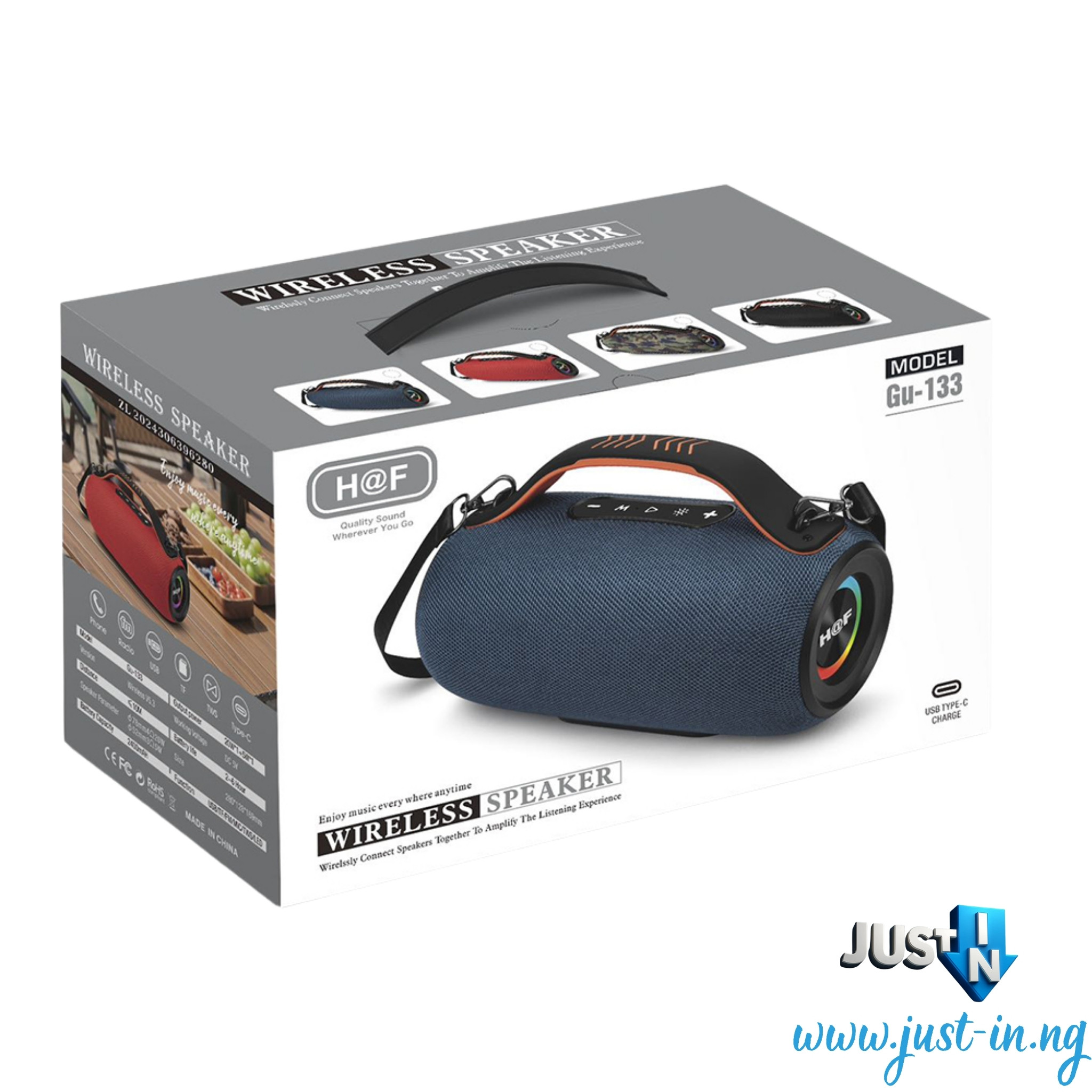 H@F GU-133 Waterproof Portable Bluetooth Speaker with Super Bass, RGB Light, and Multi-Mode Playback (Bluetooth 5.2, TF, AUX, U-Disk)