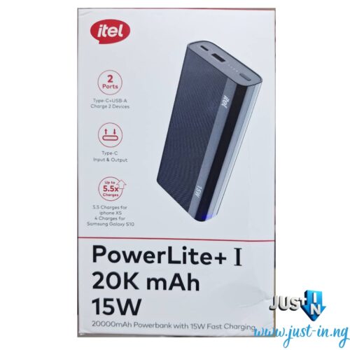 Itel PowerLite+ I 20000mAh 15W Dual-Port Fast Charging Power Bank – Type-C & USB-A, Compact Design with Safety Features