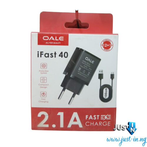 OALE iFast 40 2.1A Fast Charging Wall Charger with 1m Cable and 13-Month Warranty – Compact & Durable Mobile Phone Charger