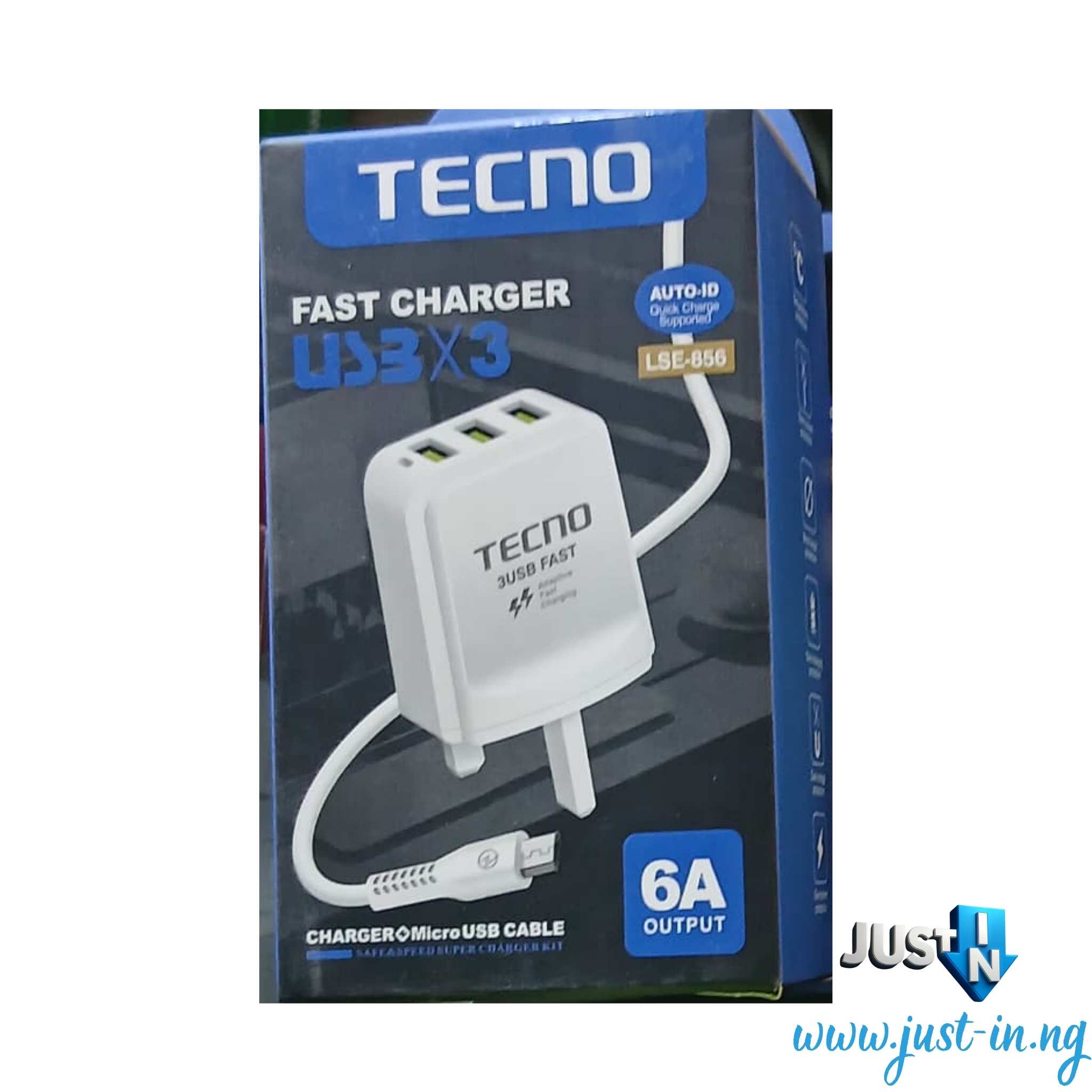 Tecno LS3X3 (LSE-656) 6A Fast Charger – Triple USB Ports + Micro USB Cable – Auto-ID Fast Charging