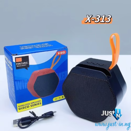 X-313 Portable Wireless Bluetooth Speaker from the Disco Series with Hexagonal Design, TWS Stereo Pairing, USBTFAUX Input, FM Radio, Noise-Canceling Mic, Enhanced Bass, and Built-In Rechargeable B