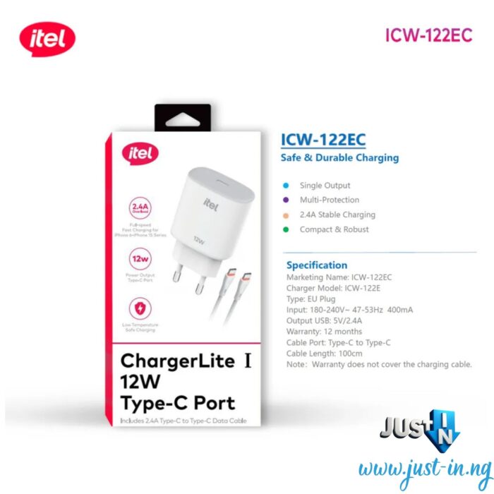 itel ChargerLite I 12W Type-C Fast Charger – 2.4A Output with Type-C to Type-C Cable, Low-Temperature Charging Technology