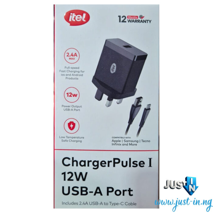 itel ChargerPulse I 12W USB Fast Wall Charger with 2.4A USB-A to Type-C Cable – Universal Phone Charger for Android & iOS Devices